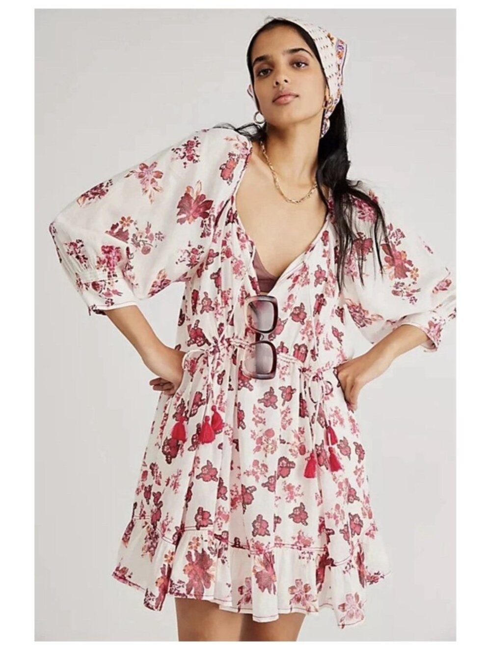 Free People Camella Floral Print Mini Dress White Pink Sz Small